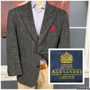 Alexandre London Harris Tweed Blazer Mens 44S Short Wool Herringbone Gray/Black